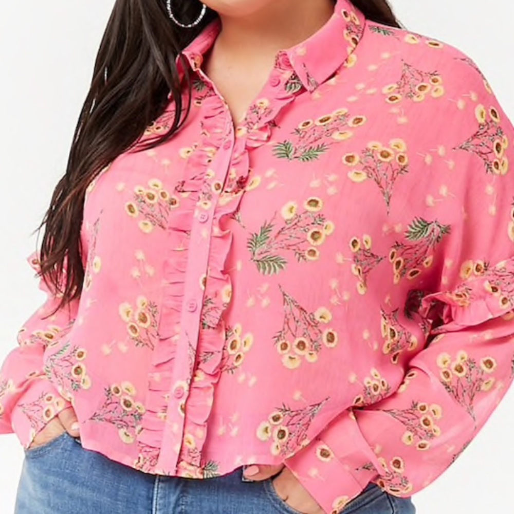 NWT F21 Sheer Floral  Ruffle Trim Shirt - Pink - Size 3X